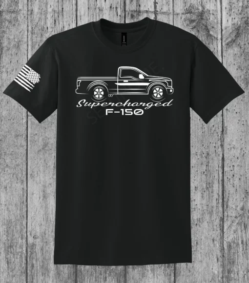 Ford F-150 Single Cab Truck White Outline Ford F-150 Supercharged w/ Flag Sleeve T-Shirt