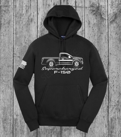 Ford F-150 Single Cab Truck White Outline Ford F-150 Supercharged w/ Flag Sleeve Hoodie